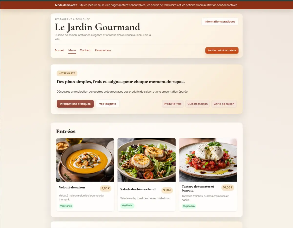 Capture du site démo restaurant avec menu et plats